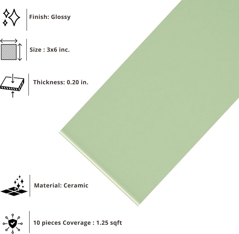Tenedos USCT 3x6 Ceramic Subway Tile Gloss (Shinny) Box of 10 Pieces for Bathroom Wall Shower Kitchen Backsplash (Spring Green) - Image 3